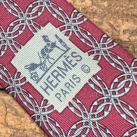 Hermes Paris 7092 Men’s 100% Silk Burgundy & Teal Chain Pattern Made In France - Picture 2 of 4